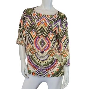 Chico's SZ 2 = Medium Multicolor Geometric Print Blouse Roll Tab Sleeve Layered